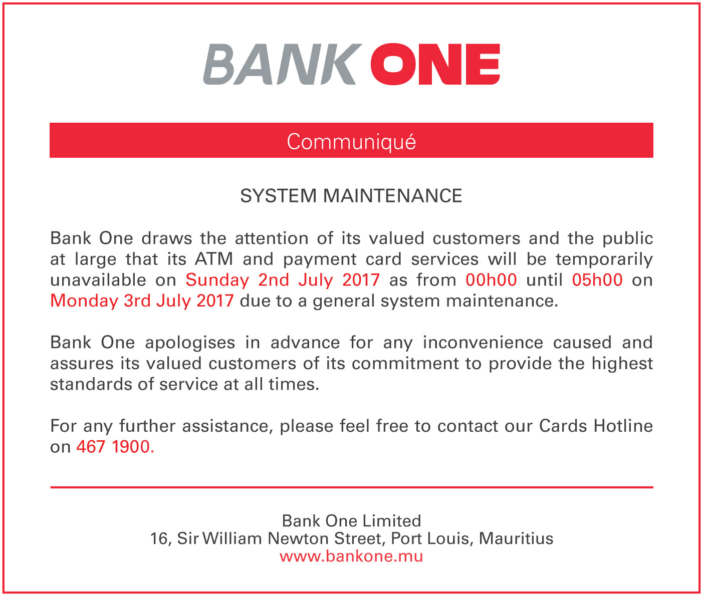 System maintenance Bank One Private