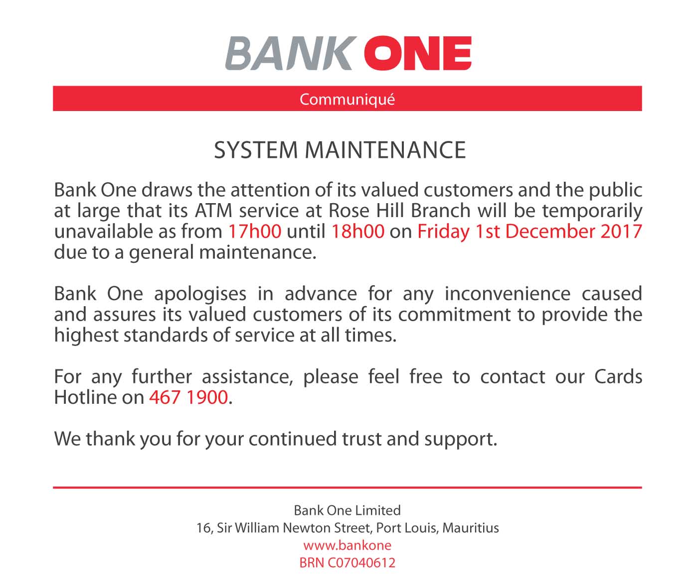 ATM system maintenance communiqué - Bank One